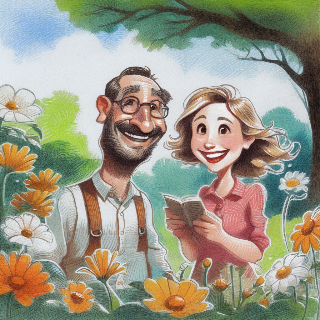 drawix5  drawing lovers, cheerful woman and man in the garden <lora:drawix5:1>