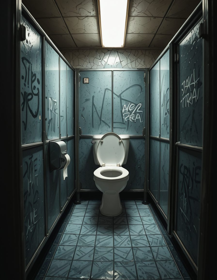 A highly realistic, detailed photograph of a public restroom stall from a human eye-level perspective. The stall is constructed with dull, light gray metal partitions showing subtle scratches and wear from years of use. The door is slightly ajar, with a simple metal latch and a small gap visible at the bottom and top of the door. Inside the stall, there is a standard white ceramic toilet with a chrome flush handle, positioned against a wall of white, slightly aged subway tiles. The floor is covered with small, dark gray hexagonal tiles, with faint reflections from the overhead fluorescent lighting. A single toilet paper dispenser made of stainless steel is mounted to the side wall, partially filled, with a torn sheet hanging loosely. The lighting is cool and sterile, casting soft shadows and emphasizing the slightly utilitarian, worn-out atmosphere of the space. Subtle details like faint graffiti scratched into the partition, a discarded paper towel near the floor, and small water stains near the base of the toilet contribute to the realistic, everyday public restroom feel. The photo is sharp, with a neutral color palette and an urban documentary style.
 <lora:SDXLFaeTastic2400:0.4> <lora:extremely_detailed:0.4> extremely detailed,<lora:public_restroom_st4ll_r2:1>,public restroom st4ll, Masterpiece,best quality,hi res,8k,hi res,8k,award winning,(sharp focus, intricate, highly detailed),