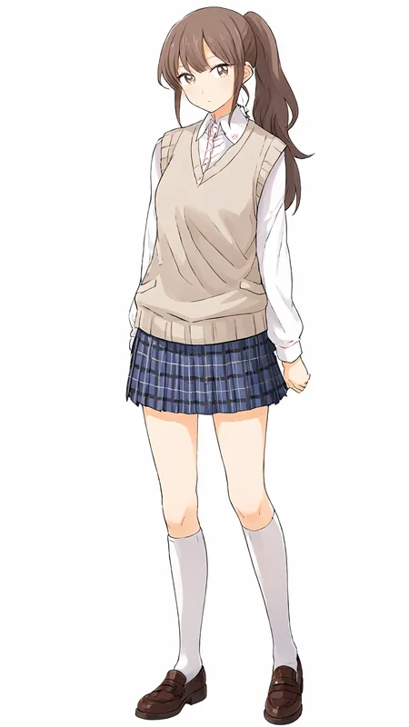 masterpiece,best quaity,
<lora:yunatoomi.sdxl.v3:1> yuna toomi
1girl,solo,
school uniform, white shirt, collared shirt,
plaid skirt, pleated skirt,
white kneehighs,
brown footwear,
sweater vest, beige sweater,
standing,
full body,
simple background,