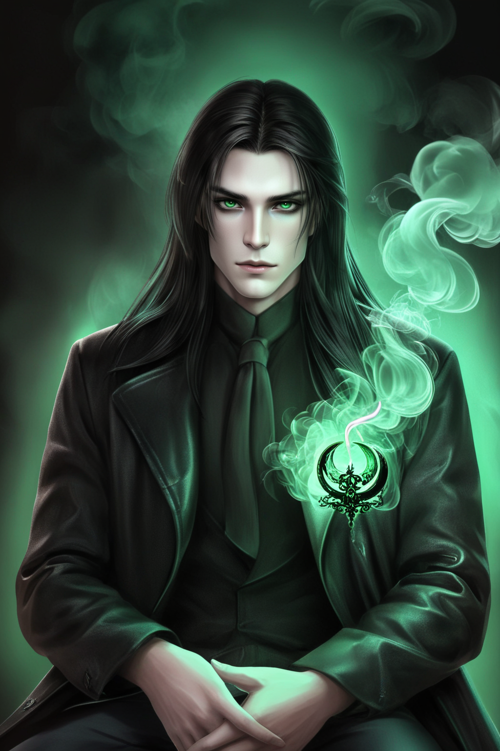 Dreamscape male, pale skin, black long hair, green eyes, clothes in black leather coat, smoking, sitting, full body, portrait, city, night, moon  <lora:HungerXL:0.9> hunger . Surreal, ethereal, dreamy, mysterious, fantasy, highly detailed