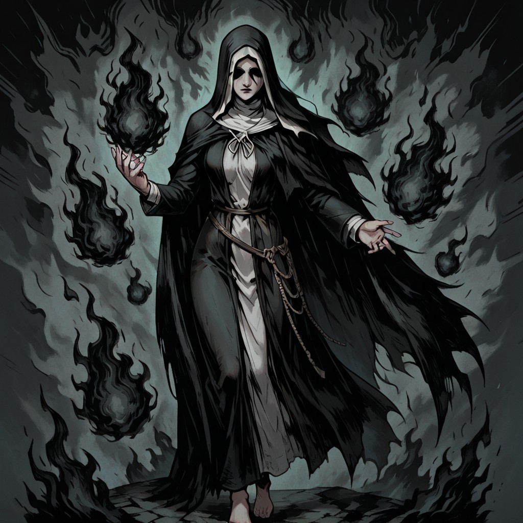 masterpiece, best quality, newest, absurdres, highres, TTCSV1.0, A/BFV1.0, black fire, fire, flame, 
1girl, siiesfrtdeer, covered eyes, habit, nun, black coif, hood up, black veil, black dress, long sleeves, black hooded cloak, barefoot, black fire, solo, solo focus,