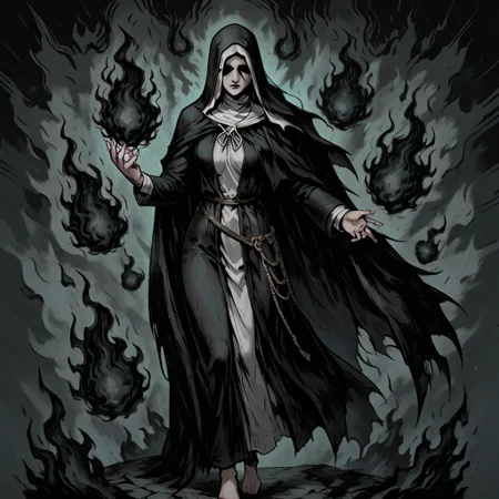 masterpiece, best quality, newest, absurdres, highres, TTCSV1.0, A/BFV1.0, black fire, fire, flame,
1girl, siiesfrtdeer, covered eyes, habit, nun, black coif, hood up, black veil, black dress, long sleeves, black hooded cloak, barefoot, black fire, solo, solo focus,
