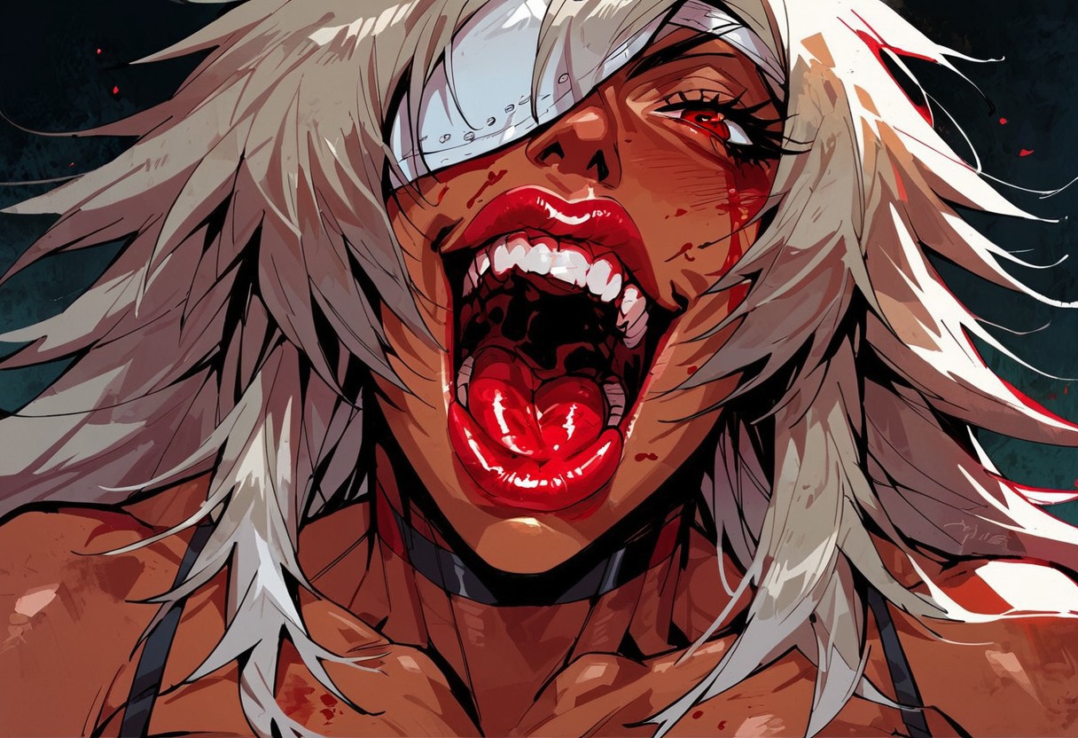 score_9, score_8_up, score_7_up, 1girl, black hair, solo, blood, red eyes, tongue, teeth, open mouth, long hair, blood on face, close-up, <lora:Fant5yP0ny:0.8>, ghislaine dedoldia, visible breast, bimbo makeup, bimbo lips, visible breast, bra