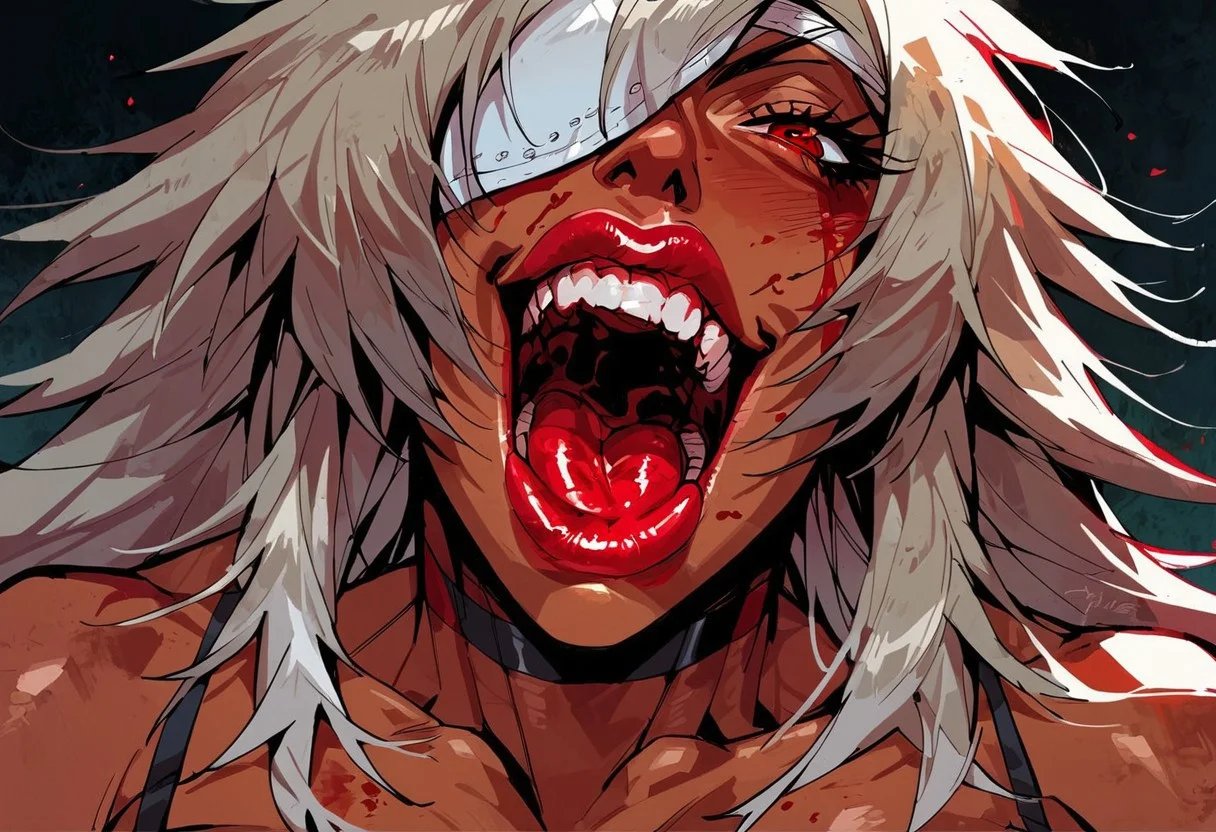 score_9, score_8_up, score_7_up, 1girl, black hair, solo, blood, red eyes, tongue, teeth, open mouth, long hair, blood on face, close-up, <lora:Fant5yP0ny:0.8>, ghislaine dedoldia, visible breast, bimbo makeup, bimbo lips, visible breast, bra