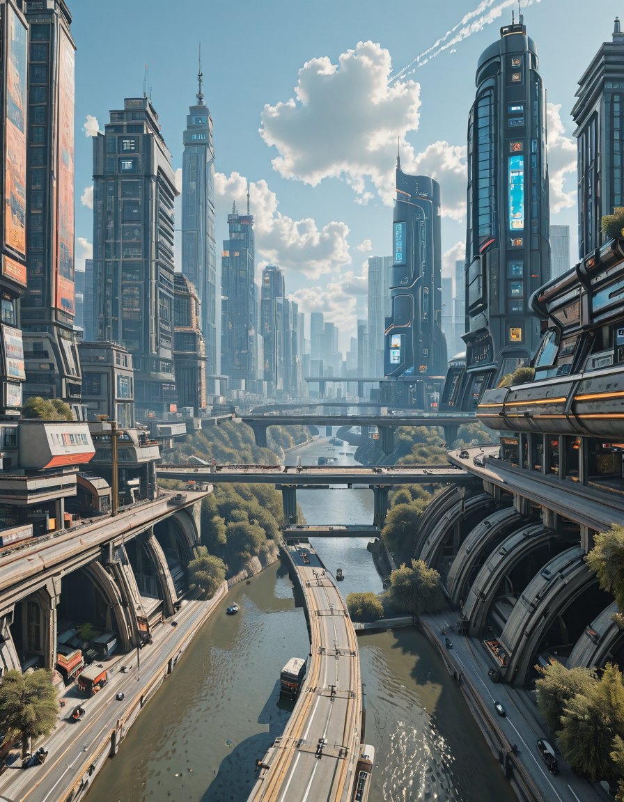 <lora:City_Worlds_01_Effects_illc:1> photo, citybkg, cyberpunk, day, ambiance, sunny, clouds, detailed, streets, futuristic, aerial front view, city lights, high buildings, low buildings, river, elevated shore, tunnels, vegetation, phot4, epic scale, many levels,