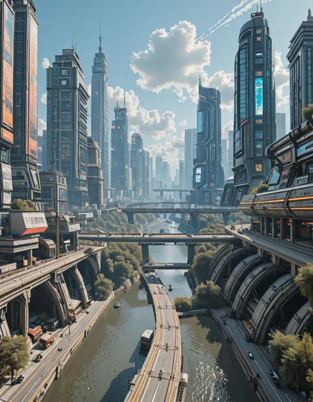 <lora:City_Worlds_01_Effects_illc:1> photo, citybkg, cyberpunk, day, ambiance, sunny, clouds, detailed, streets, futuristic, aerial front view, city lights, high buildings, low buildings, river, elevated shore, tunnels, vegetation, phot4, epic scale, many levels,