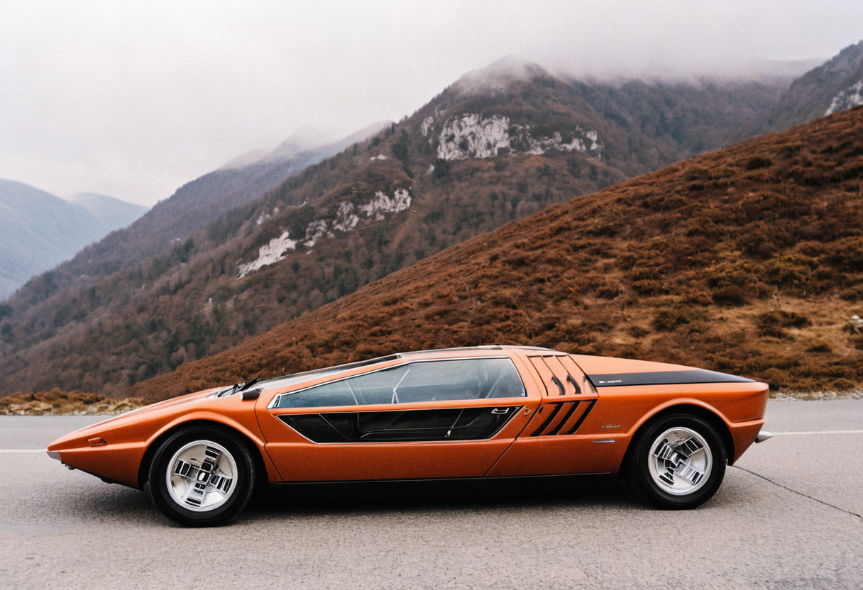 ClassicSportsCar, gleaming orange Maserati Boomerang, side front view, foggy, road, mountains, scenic landscape, 4K, highly detailed, (((stylish grainy analog 35mm film photo)))