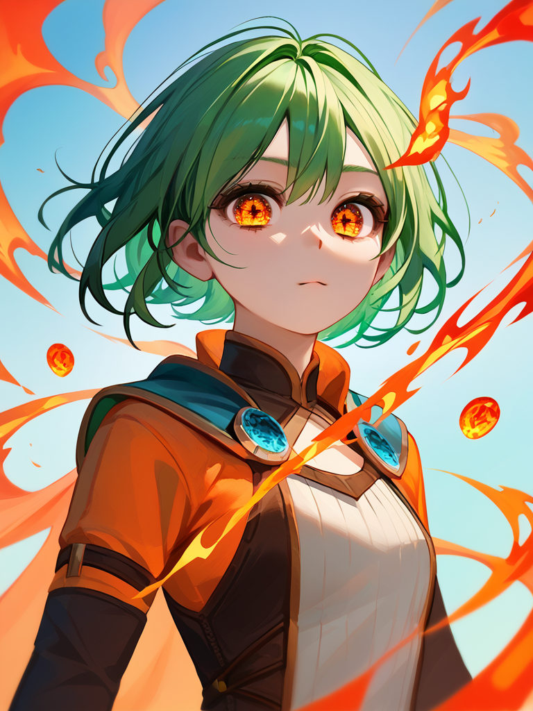PDXL, <lora:OpalEyesV1Pony:1>, opal_eyes, 1girl, cute face, detailed eyes, short green hair, detailed orange eyes, portrait, standing in a fire