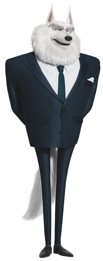 Jimmy Crystal an main antagonist of Illumination's eleventh animated feature 3D adult  powerful muscular Arctic white wolf with striking blue eyes, distinctive attire includes a shiny black suit complemented by a white collared shirt and a white handkerchief in the pocket, and often sports two neckties: one in pure black and the other in red magenta, patterned with gold guitar picks featuring his initial (C), completing his ensemble are shiny black pants and polished black leather suit shoes, described as hard-nosed and overzealous, an adult Arctic white wolf with striking blue eyes Jimmy Crystal is willing to go to any lengths to produce grand shows and is a tough crowd-pleaser, demeanor becomes menacing and threatening when urging someone to act swiftly, no human figures., close-up portrait, close-up shot, low-angle shot., muscular powerful physique evil body white arctic wolf  Jimmy Crystal with icy blue eyes wear black neckties and have no tiger striped 