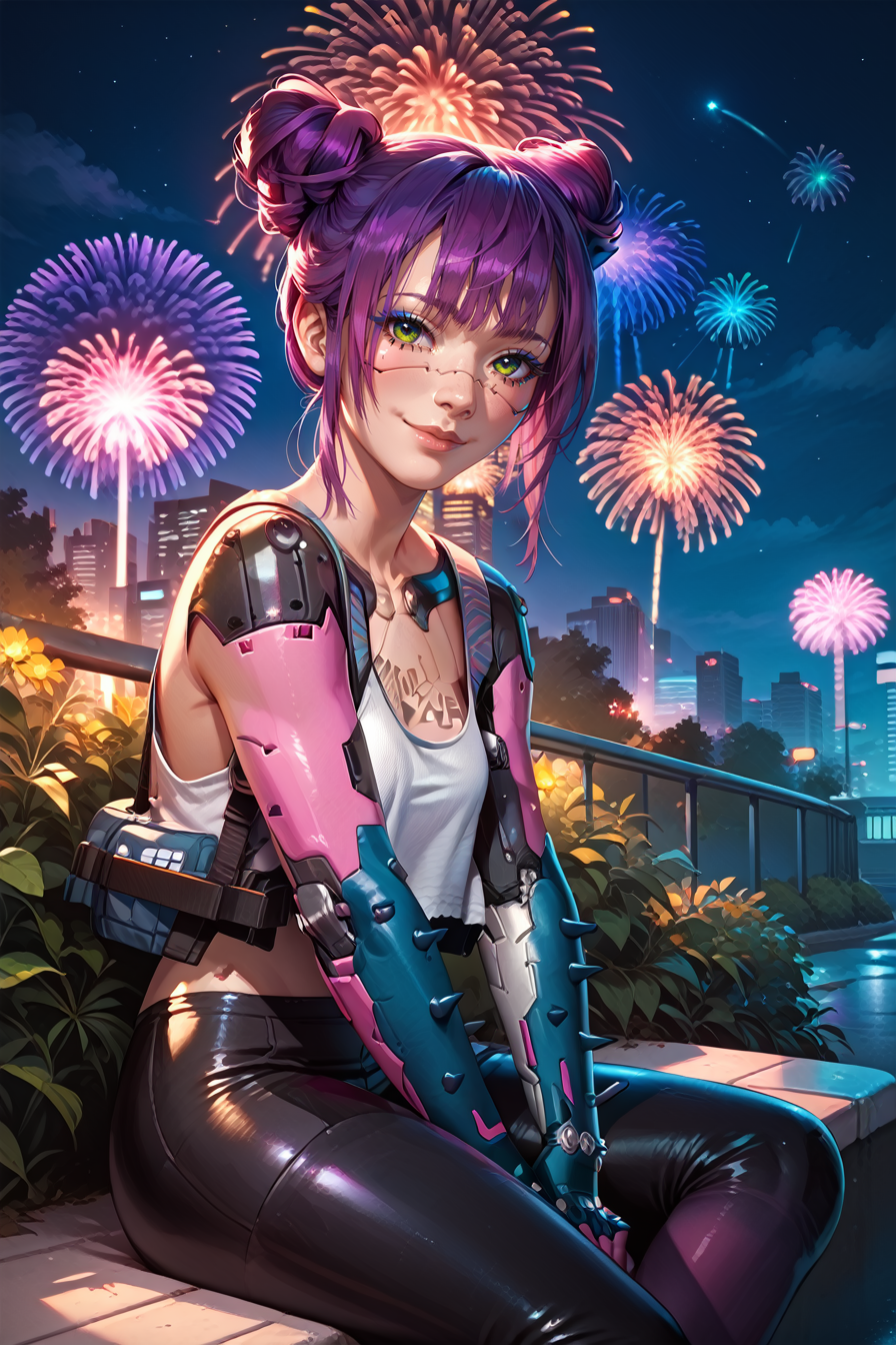 score_9, score_8_up, score_7_up, score_6_up
<lora:CyberRitaMoxBouncer:0.8>
CyberRitaMoxBouncer, 1girl, purple hair, hair buns, tattoo, cyberpunk, looking at viewer, sitting, at night, fireworks, park, looking up, smile