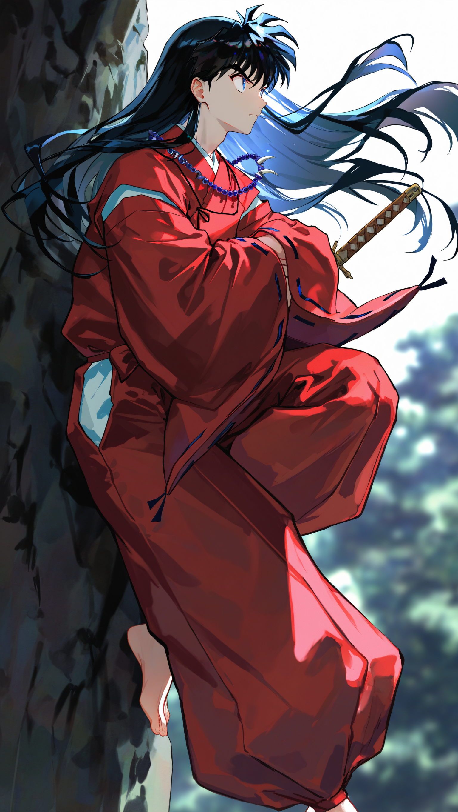 (artist:[diyokama|fuzichoco|yoneyama mai|lam \(ramdayo\)|quasarcake]:0.8), (takahashi rumiko \(style\):1.2),
inuyasha \(character\), long hair, 1boy, black hair, japanese clothes, barefoot, male focus, solo, full body, sword, wide sleeves, necklace, simple background, blue eyes, red pants, long sleeves, hands in opposite sleeves, ribbon-trimmed sleeves, closed mouth,
dark, backlighting, depth of field, outdoors, from side,
masterpiece, best quality, very awa, absurdres
<lora:noobai_vpred_1_inuyasha_v1:1>
<lora:noobai_vpred_1_masterpieces_v1:1>