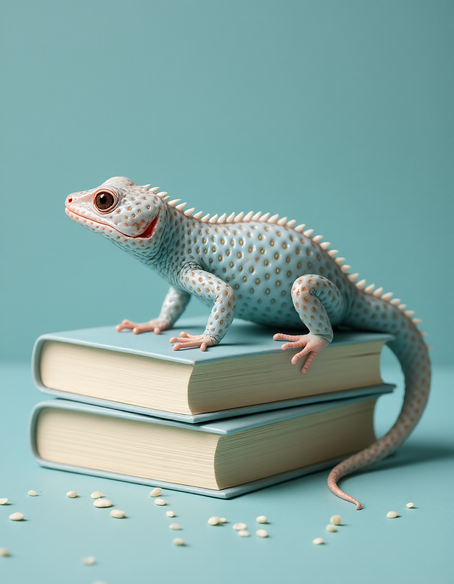 A curled lizard tail lies across a stack of books composed of pale blue strawberry skin covered in matte white seeds The skin is dry and softly textured with a single pink vein tracing its curve like a crack in porcelain <lora:FruitCore-StrawberryShift-0.3-000004:1>