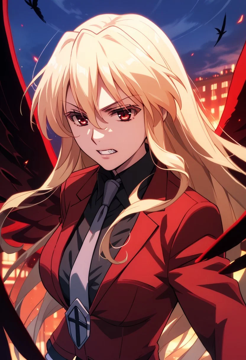 score_9,score_8_up,score_7_up,source_anime,Leticia Draculea (Adult),1girl,solo,weapon,teeth,wings,necktie,parody,formal,suit,black wings,