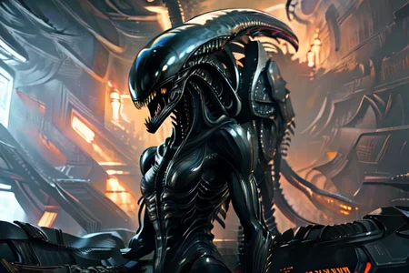 (otherworldly), highly insanely detailed, masterpiece, top quality, best quality, highres, 4k, 8k, RAW photo, (very aesthetic, beautiful and aesthetic),  
xenomorph,alien \(series\),1other,xenomorphdna,FemXeno,xenomilf,nested mouths,multiple mouths,extra mouth,fangs,teeth,sharp teeth,fang,claws,tail,spiked tail,spines,proto-xenomorph,pauldrons,shoulder spikes,spikes,armored skin,eating,capsule,science fiction, 
<lora:FemXeno:1>, 
(1girl:1.3), eyes focus, 
an expansive gaming convention, with spacious halls, sleek booths, cutting-edge technology, vibrant ambiance,(pure red background,transparent background:1.2),âââ