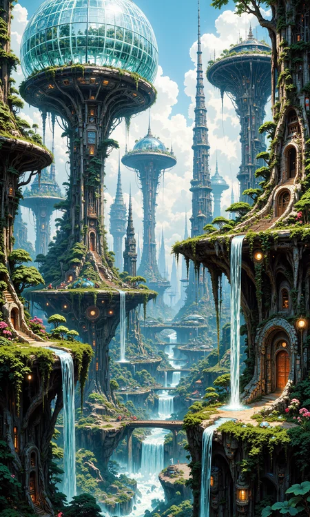 Ethereal floating islands, interconnected sustainable habitats, translucent biospheres, levitating gardens, vertical farms, crystalline solar panels, gravity-defying waterfalls, holographic energy fields, bioluminescent flora, zero-gravity greenhouses, cloud-harvesting technology, atmospheric purification systems, anti-gravity propulsion units, eco-friendly nanomaterials, symbiotic alien vegetation, plasma-based renewable energy, terraformed microclimates, self-repairing structures, neural network-controlled ecosystems, 8k hyperrealistic rendering, intricate architectural details, masterpiece of futuristic eco-engineering <lora:FluxFantasyDetailerV2:0.5> <lora:RetroAnimeFluxV1:0.6> <lora:FluxMythAn1meL1nes:0.7> <lora:SameFace_Fix:0.4> <lora:flux_dev:1>