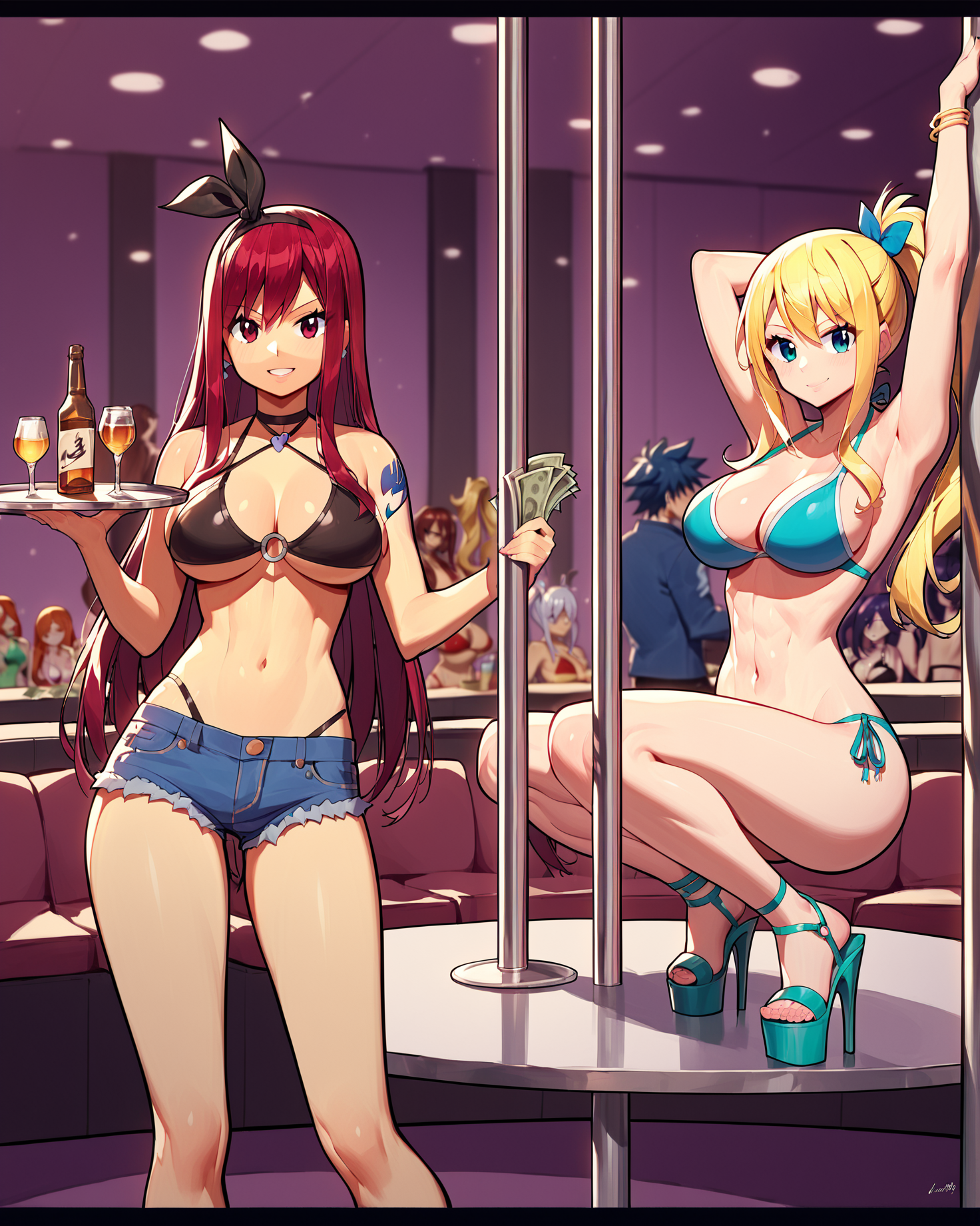 score_9, score_8_up, score_7_up, source_anime, BREAK  3girls, fairy tail style, lucy heartfilia, erza scarlet, juvia lockser, private club, bikini, pole dancing, tray, alcohol, money, <lora:Private_Club:1>, rating_questionable
