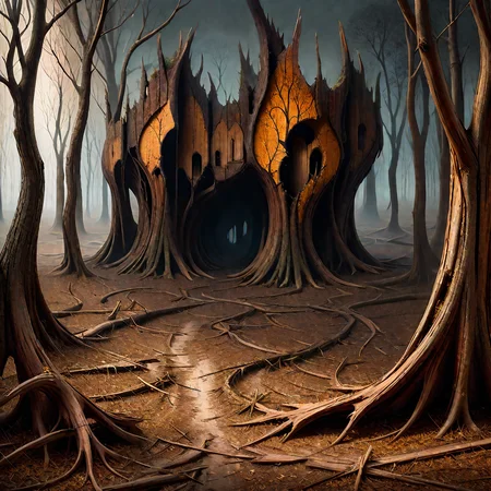 <lora:Wood-world_XL:1> in the style of wood-world_XL, surrealism painting, 16k, extreme detail, fine textures, dark shadows, dark, sharp lines, decay flatwoods, vivid colors. beautiful. revealing. masterpiece. cracked. Hungarian landscape, doglegs, derelict