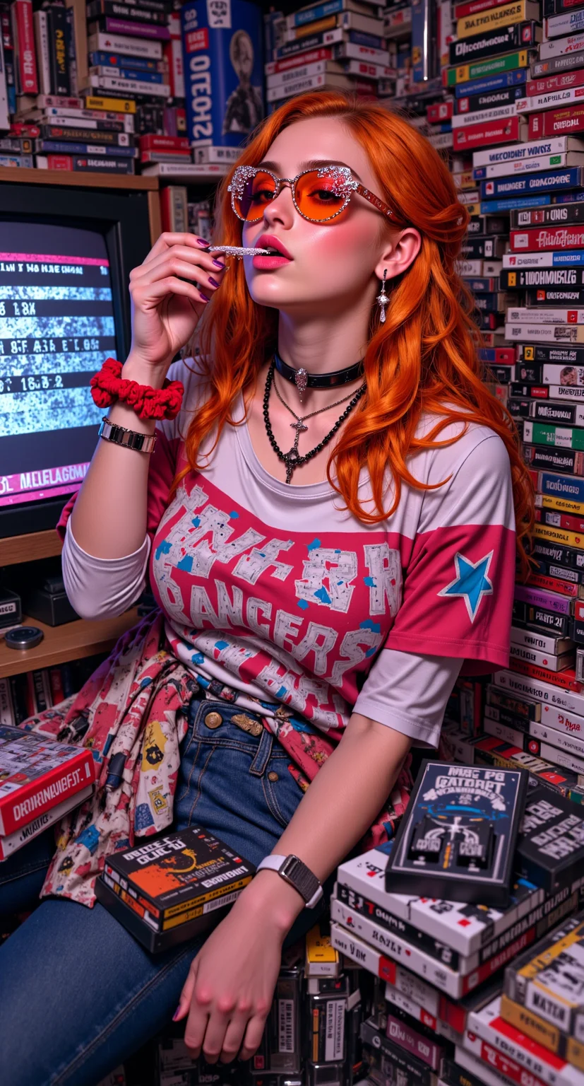 Candid, portrait shot of a photorealistic woman surrounded by piles of VHS tapes, blowing glitter off her hand while leaning on a CRT TV playing static. She's wearing an off-shoulder Power Rangers tee, beaded choker, and sparkly star-shaped sunglasses. Her hair is half-up, scrunchie-held, bright orange ombré.
real skin, photorealistic texture, cozy retro chaos, pastel-meets-neon, analog fantasy, pop culture overload, nostalgic queen of clutter
fmlas-mk.1, mythp0rt,