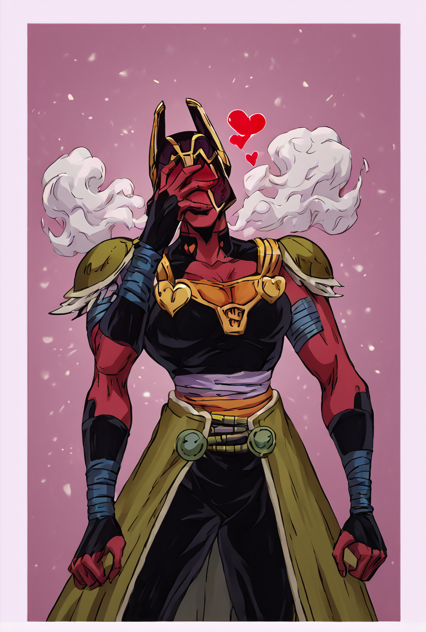 score_9, score_8_up, score_7_up,,  good quality ,, character focus, solo, , best quality ,    <lora:looma-09:1.1>  looma, solo, red skin, armor, 1girl, bandages, shoulder armor, helmet, horns,   white borders, simple background, pink background, blushing, abstract background, hearts, steam,  <lora:Expressive_H:1> Expressiveh   <lora:Jojo:1> <lora:jonathan-joestar-pose-ponyxl-lora-nochekaiser:1> jonathan joestar pose, jonathan joestar's pose (jojo), jojo pose, covering face