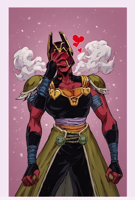 score_9, score_8_up, score_7_up,, good quality ,, character focus, solo, , best quality , <lora:looma-09:1.1> looma, solo, red skin, armor, 1girl, bandages, shoulder armor, helmet, horns, white borders, simple background, pink background, blushing, abstract background, hearts, steam, <lora:Expressive_H:1> Expressiveh <lora:Jojo:1> <lora:jonathan-joestar-pose-ponyxl-lora-nochekaiser:1> jonathan joestar pose, jonathan joestar's pose (jojo), jojo pose, covering face