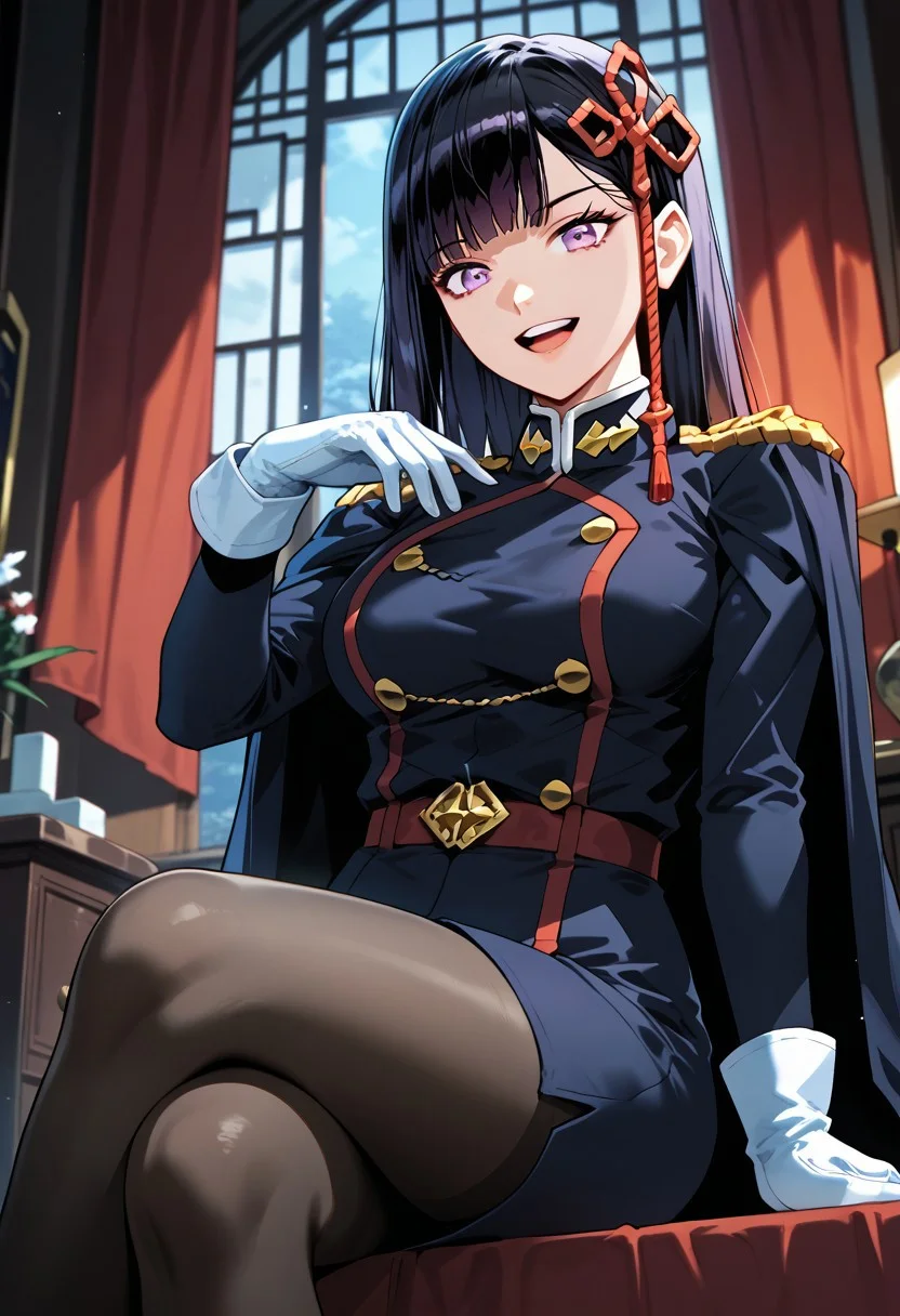 score_9,score_8_up,score_7_up,source_anime,REN_YAMASHIRO,1girl,solo,long hair,breasts,looking at viewer,smile,open mouth,bangs,skirt,large breasts,black hair,hair ornament,gloves,long sleeves,sitting,purple eyes,pantyhose,teeth,white gloves,blunt bangs,cape,uniform,black pantyhose,military,military uniform,buttons,upper teeth only,crossed legs,epaulettes,