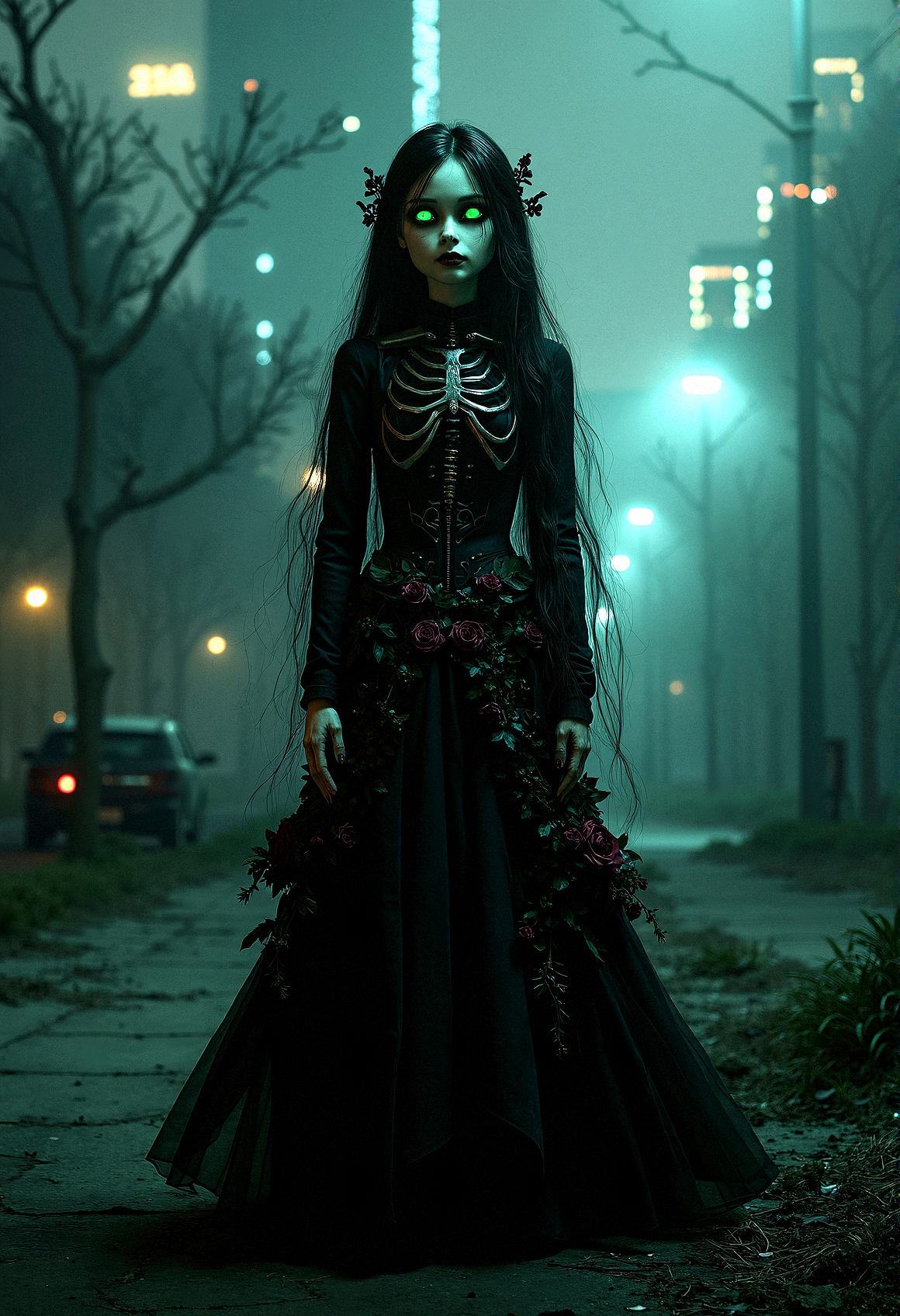 long haired,
A haunting woman with a doll-like face and glowing green eyes, standing in a dimly lit city park at night. She wears a gothic Victorian dress intertwined with roses and vines, her mechanical skeletal features visible through the fabric. The scene is set against a foggy backdrop of a modern cityscape with skyscrapers, broken asphalt, and an abandoned vehicle, all rendered in extreme realism with a 35mm camera filter.







