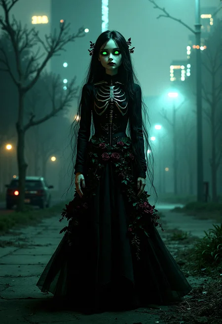 long haired,
A haunting woman with a doll-like face and glowing green eyes, standing in a dimly lit city park at night. She wears a gothic Victorian dress intertwined with roses and vines, her mechanical skeletal features visible through the fabric. The scene is set against a foggy backdrop of a modern cityscape with skyscrapers, broken asphalt, and an abandoned vehicle, all rendered in extreme realism with a 35mm camera filter.