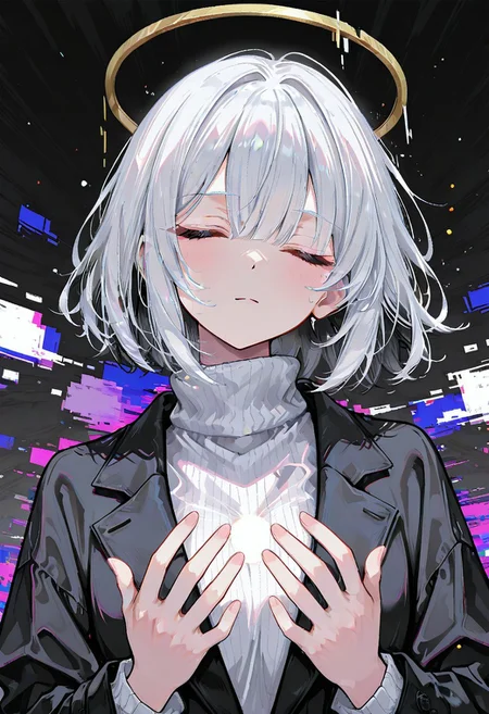 d_up, 1girl, black hair, short hair, closed eyes, white hair, multicolored hair, medium hair, shirt, turtleneck, sweater, long sleeves, turtleneck sweater, jacket, glitch, upper body, abstract background, white shirt, halo
