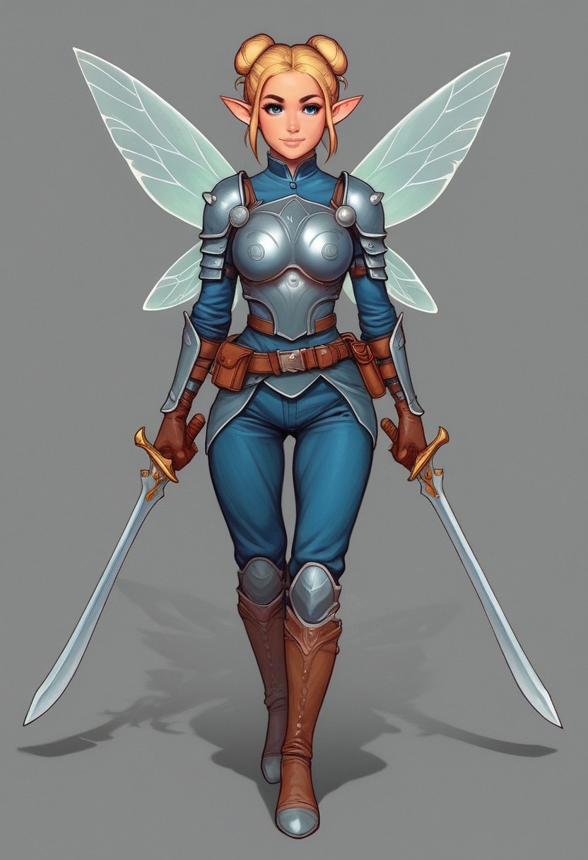 comic style, looking at viewer, highly detailed, source_comic_illustration, from front, 1girl TInkerbell, illustration, comic style, looking at viewer, highly detailed, source_comic_illustrationskinny, looking at viewer, 1girl Tinkerball, masterpiece, best quality, cowboy shot, girl, realistic drawing, anime, by Sam Yang, sharp highly detailed 2d illustration, comic art, (hyperrealism, soft light, sharp), (anime:0.5), full clothed
BREAK
1girl, solo, full body image of ((((tinkerbell)))), fairy wings, fairy, hair bun, blonde hair, single hair bun, pointy ears, long hair, blue eyes  <lora:Mandalorian Armour PONY:1> , armor, shoulder armor, full armor,  gloves, belt, boots
((full-clothed)), ((long big sword in hands, big berserk sword in hands)), ((dynamic pose))
BREAK 
((((fairy wood)))) score_9, score_8_up, score_7_up, score_6_up, source_cartoon, rating_explicit, Expressiveh, (((((full body))))), dynamic pose