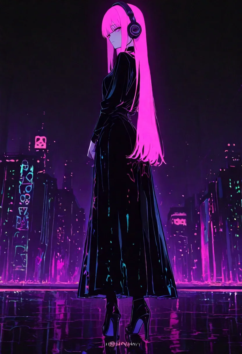 A vector fashion illustration of a beautiful girl in high heels, with headphones on her head and long hair flowing behind her, wearing an elegant dress made from black paint splattered with pink. She stands against the backdrop of modern city buildings. The style is minimalistic and simple, focusing solely on capturing movement and elegance through silhouette. A soft glow emanates from within her to highlight her stylish pose and fashionable attire. High resolution, detailed textures.
, xxx667_illu, melanch0ly, <lora:illustriousXL_stabilizer_v1.23:0.3> <lora:NOOB_vp1_detailer_by_volnovik_v1:0.3> <lora:ponyv6_noobE11_2_adamW-000017:0.3> <lora:XXX667:0.7> <lora:MelancholyAnime:0.8>