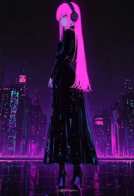 A vector fashion illustration of a beautiful girl in high heels, with headphones on her head and long hair flowing behind her, wearing an elegant dress made from black paint splattered with pink. She stands against the backdrop of modern city buildings. The style is minimalistic and simple, focusing solely on capturing movement and elegance through silhouette. A soft glow emanates from within her to highlight her stylish pose and fashionable attire. High resolution, detailed textures.
, xxx667_illu, melanch0ly, <lora:illustriousXL_stabilizer_v1.23:0.3> <lora:NOOB_vp1_detailer_by_volnovik_v1:0.3> <lora:ponyv6_noobE11_2_adamW-000017:0.3> <lora:XXX667:0.7> <lora:MelancholyAnime:0.8>