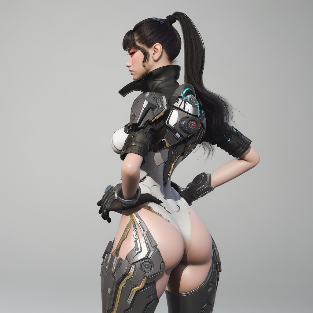 black gloves, white background, ponytail, solo, standing, profile, gloves, hand on hip, from side, cyberpunk, science fiction, bangs, from behind