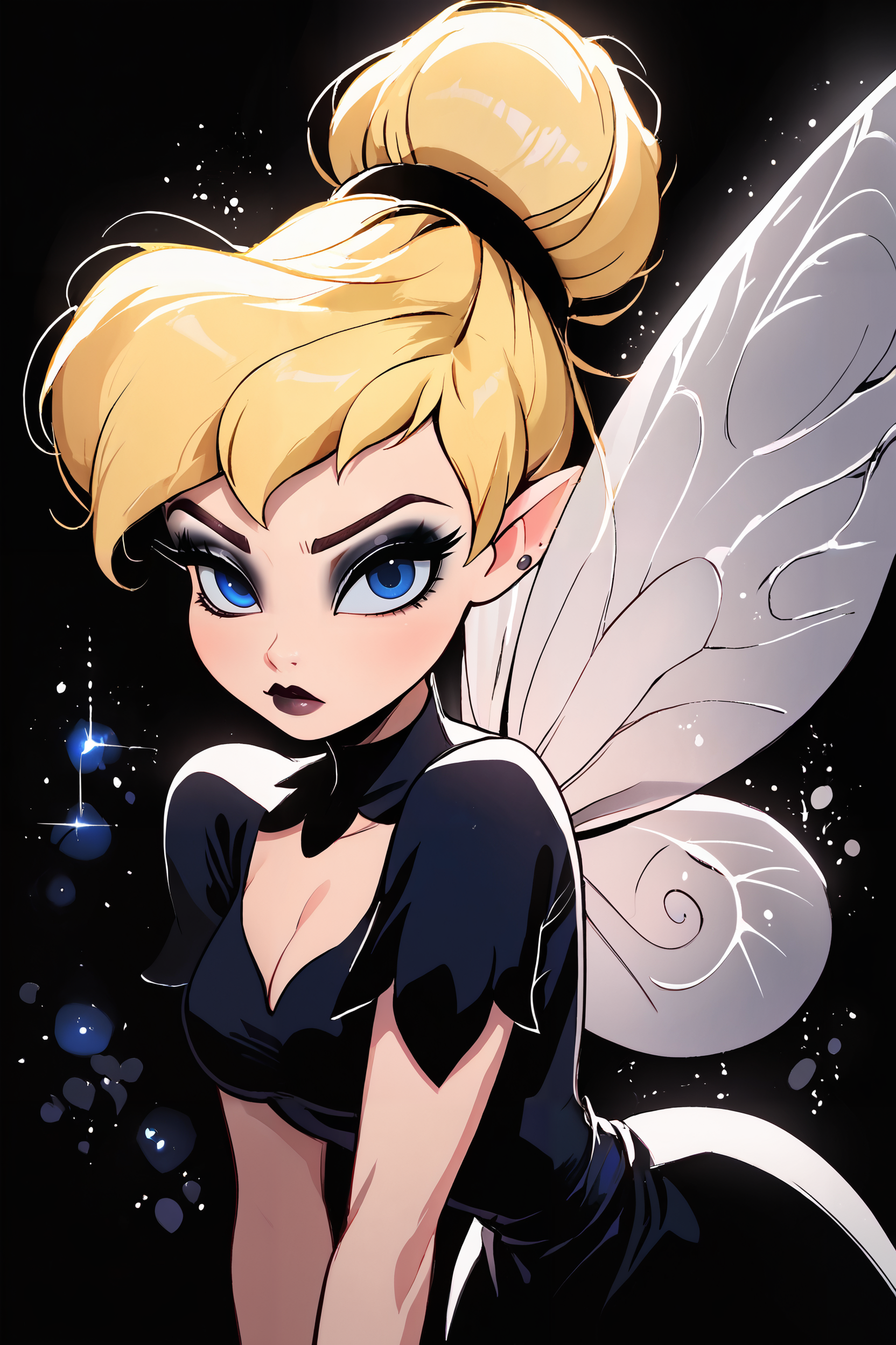 <lora:KuroCAT_Style:1>,  high resolution, highly detailed, perfect lighting, beautiful detailed eyes,   upper body, black background, 1girl, solo, looking at viewer,   TinkerWaifu, magic particles, leaning forward, medium breasts, narrow waist, fairy wings, blonde hair, blue eyes, goth, black dress, eye shadow, sexy, hair bun, disney style, looking at viewer, <lora:tinkerbellPonyXL_character-10:0.8>
