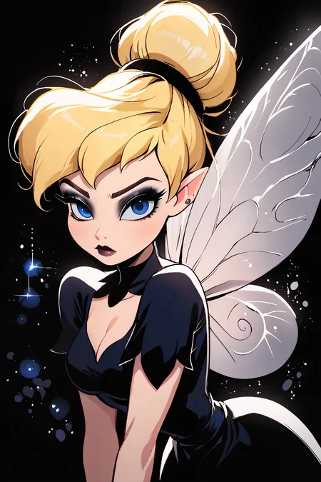<lora:KuroCAT_Style:1>, high resolution, highly detailed, perfect lighting, beautiful detailed eyes, upper body, black background, 1girl, solo, looking at viewer, TinkerWaifu, magic particles, leaning forward, medium breasts, narrow waist, fairy wings, blonde hair, blue eyes, goth, black dress, eye shadow, sexy, hair bun, disney style, looking at viewer, <lora:tinkerbellPonyXL_character-10:0.8>