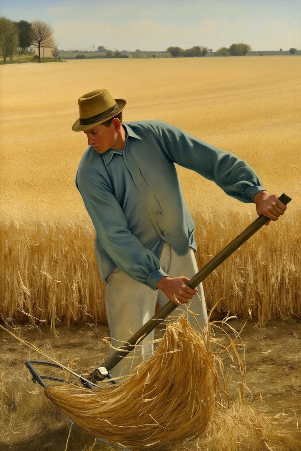 lauritsandersenring1 painting. A man works in a golden wheat field using a scythe. He wears a blue shirt, white pants, and a hat. Wheat fills the foreground, and a farmhouse and trees appear in the background under a clear sky. <lora:lauritsandersenring1_cap_d8a4e13:1.0><lora:857031164072862087:0>