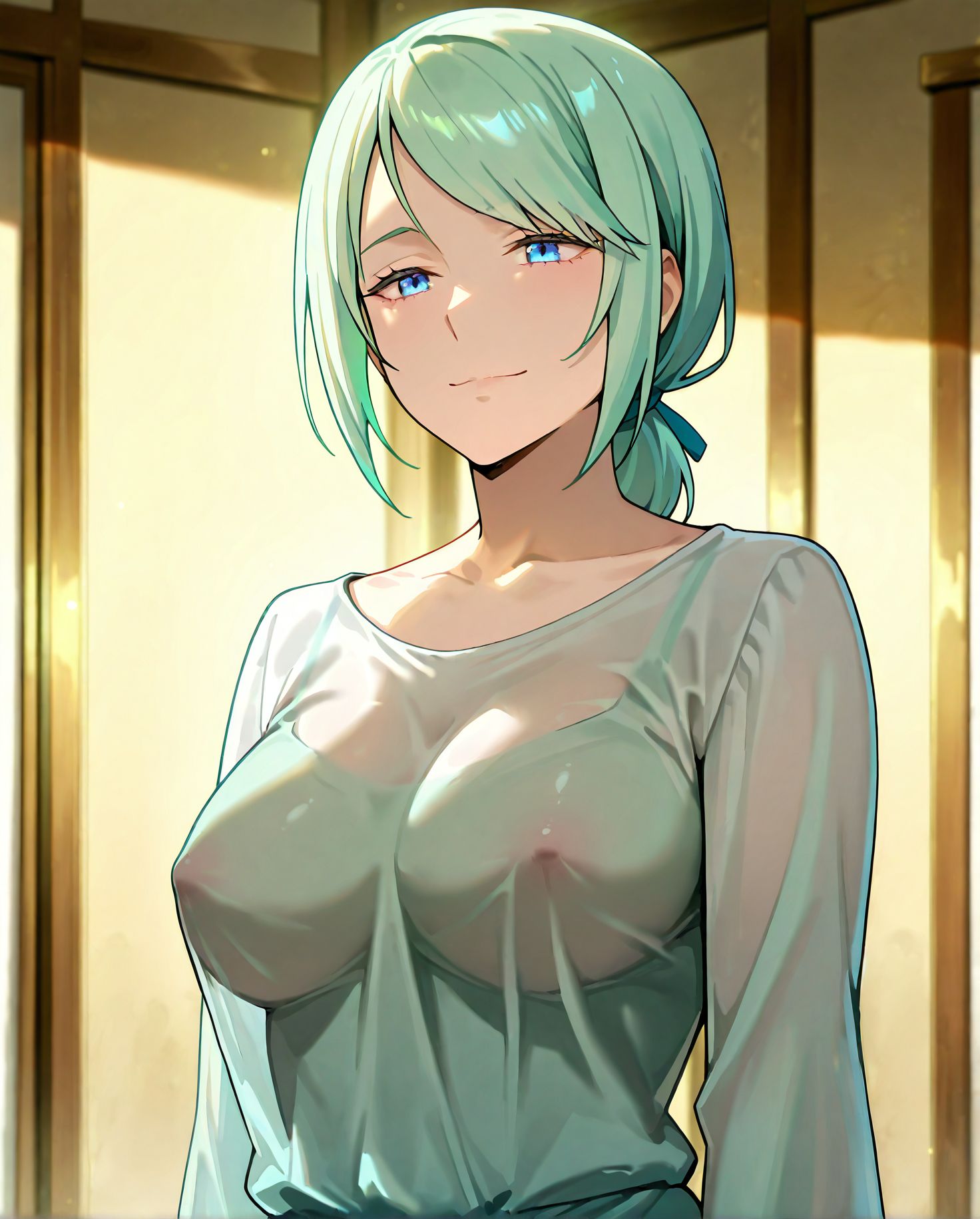 masterpiece best quality newest absurdres highres detailed eyes beautiful detailed background perfect eyes anime coloring anime screencap<lora:add-detail-xl:0.5>,
<lora:sheer_clothing:0.9>,sheer_clothingV1,
1girl,breasts,dress,
solo,sheer clothing with visible nipples,
BREAK
<lora:TenSura_Myulan_IlluXL:0.9>, 1girl, solo, closed mouth, light smile, low ponytail, swept bangs, green hair, blue eyes,
mature female, 20YO,