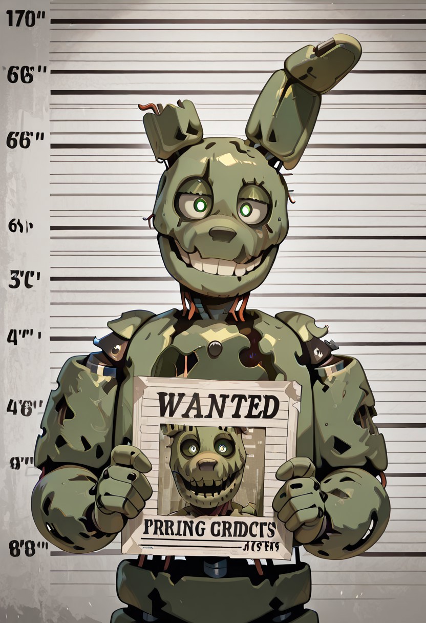 masterpiece, best quality, amazing quality, very aesthetic, absurdres, newest, detailed background, foreground blur, (( cinematic )),
springtrap, no humans, robot, animal ears, teeth, damaged, mechanical parts, joints, circular head, round head, glowing white pupils, dark green eyelids, white sclera, normal eyes, human eyes, 
wanted poster, smiling, mgsh0t, height chart, holding sign, facing viewer, smiling,
