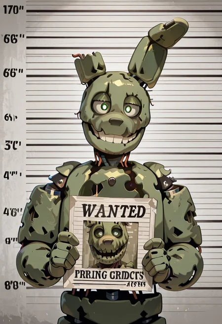 masterpiece, best quality, amazing quality, very aesthetic, absurdres, newest, detailed background, foreground blur, (( cinematic )),
springtrap, no humans, robot, animal ears, teeth, damaged, mechanical parts, joints, circular head, round head, glowing white pupils, dark green eyelids, white sclera, normal eyes, human eyes,
wanted poster, smiling, mgsh0t, height chart, holding sign, facing viewer, smiling,