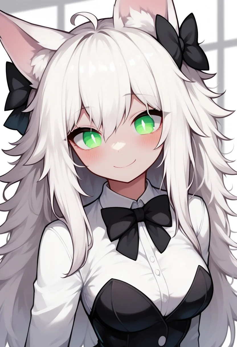 score_8_up, score_7_up, score_6_up, score_5_up, 1girl, white skin, white fur, white hair, long hair, black tuxedo, formal, corsage, black bow tie, close up, animal ears, green eyes, slip pupils, monster girl, closed mouth, blush, smile, indoors, solo, messy hair, sfw, c4toony style, dynamic angle, dynamic pose, upper body