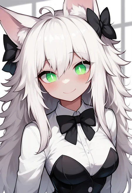 score_8_up, score_7_up, score_6_up, score_5_up, 1girl, white skin, white fur, white hair, long hair, black tuxedo, formal, corsage, black bow tie, close up, animal ears, green eyes, slip pupils, monster girl, closed mouth, blush, smile, indoors, solo, messy hair, sfw, c4toony style, dynamic angle, dynamic pose, upper body