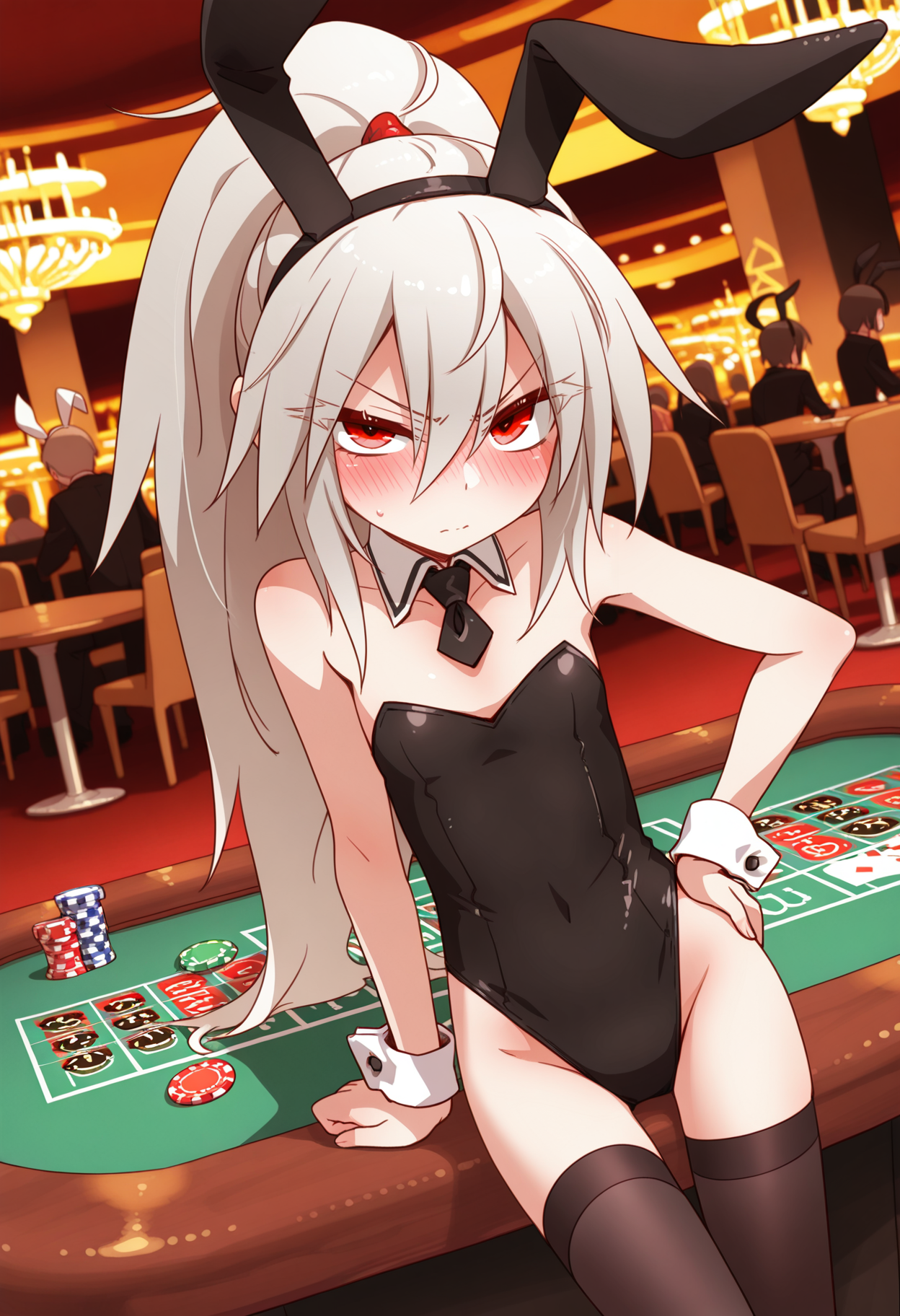 (best quality , masterpiece, good quality), sfw, general, 1girl, solo, eletrasan, long hair, red eyes, ponytail, playboy bunny, fake animal ears, rabbit ears, hairband, black thighhighs, lazy eye, looking at viewer, v-shaped eyebrows, blush, thick eyelashes, casino, table, <lora:eletra_ilxl:1>,