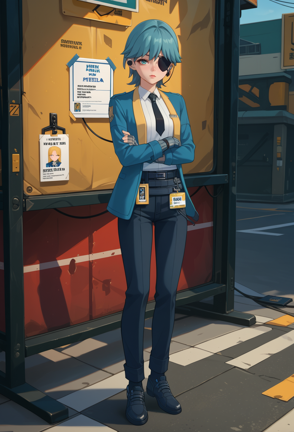 score_9, score_7_up, source_anime, BREAK <lora:AEOfelia:0.7> AEOfelia, aqua eyes, belt, black footwear, black gloves, black necktie, black pants, blue eyes, blue hair, blue jacket, collared shirt, earphones, eyepatch,  fingerless gloves, id card, long sleeves, prosthetic arm, shirt tucked in, shoes, short hair, single mechanical arm, white shirt, crossed arms,