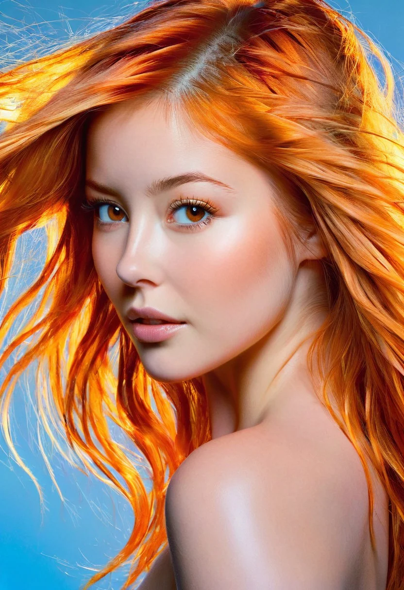 A hyper-realistic portrait of a young woman, focusing on her upper body, with vibrant orange hair cascading down her shoulders, and warm light brown eyes that seem to mesmerize, set against a soft, gradient blue background that subtly complements her striking features, with delicate, golden lighting accentuating the contours of her face and the flow of her hair, in the style of a detailed, digital painting with an ultra-detailed texture, capturing the essence of her presence with precision and depth.