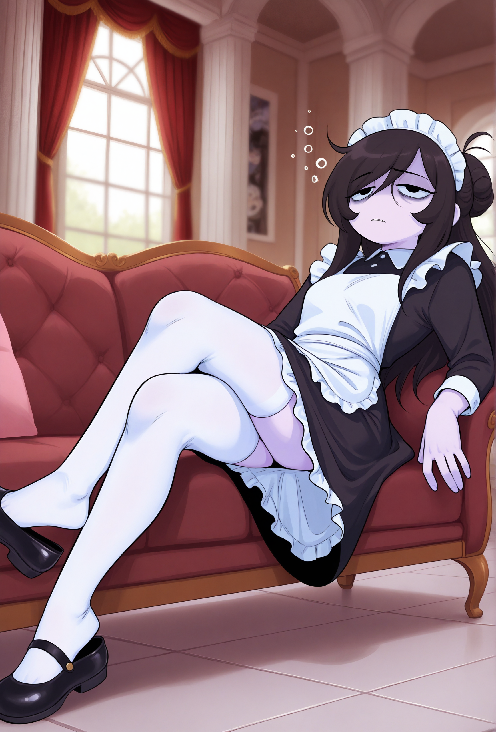 masterpiece,best quality,amazing quality, <lora:rosemary_cabronpr_illustrious_v1f:0.75> rosemary, 1girl, solo, black eyes, no nose, bags under eyes, long hair, maid headress, hair bun, tired, BREAK
(depth of field:1.3), maid, black dress, apron, feet, lying on couch, leaning back, indoors, tile floor, window, curtains, mansion, pillar, low angle,mary janes, elbows out, reclining, crossed legs, shoe dangle, white thighhighs, colored skin, <lora:glacierclear_style_illustrious_v1.4f:0.5> gclearstyle