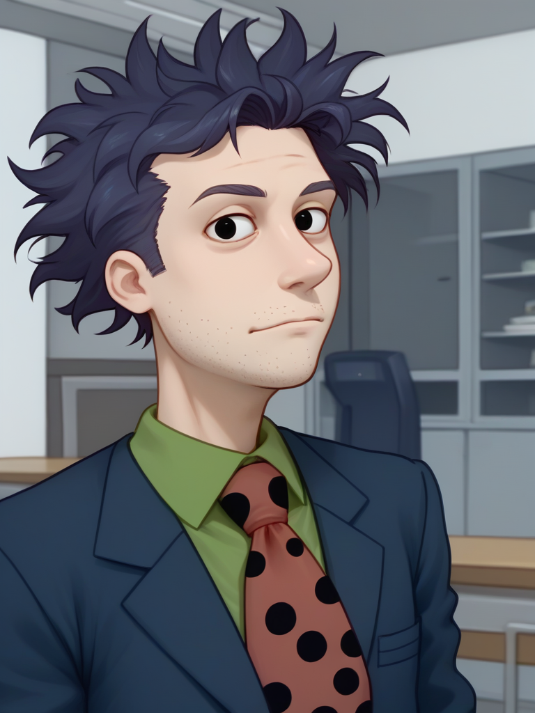 <lora:Stu Pickles - PDXL:1.5> stu_pickles, dark blue hair, short messy hair, stubble, black eyes, light skin, long sleeves, dark blue, buttondown shirt, green undershirt, red tie with black polka_dot, portrait, (looking at viewer:1.2),, source_cartoon, score_9, score_8_up, score_7_up,