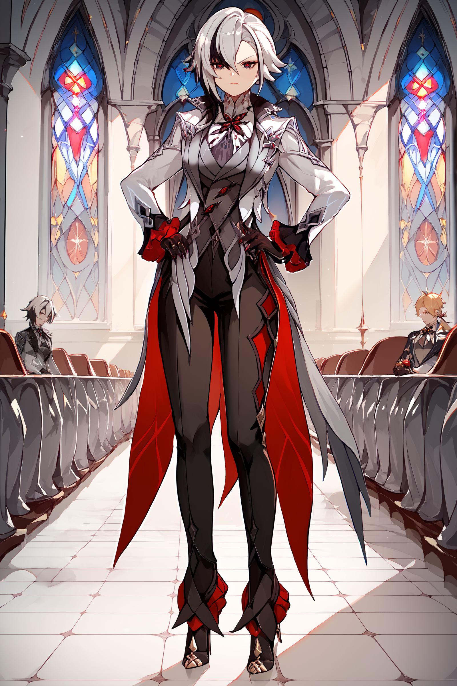 score_9, score_8_up, score_7_up, source_anime , 1girl, arlecchino \(genshin impact\), black gloves, grey tailcoat, black pants, grey vest, grey shirt, high heels, looking at viewer, glaring, standing, hand on hip, full body, church, indoors, depth of field  <lora:Expressive_H:0.8>  <lora:Char-Genshin-Arlecchino-Pony-V1:0.9>