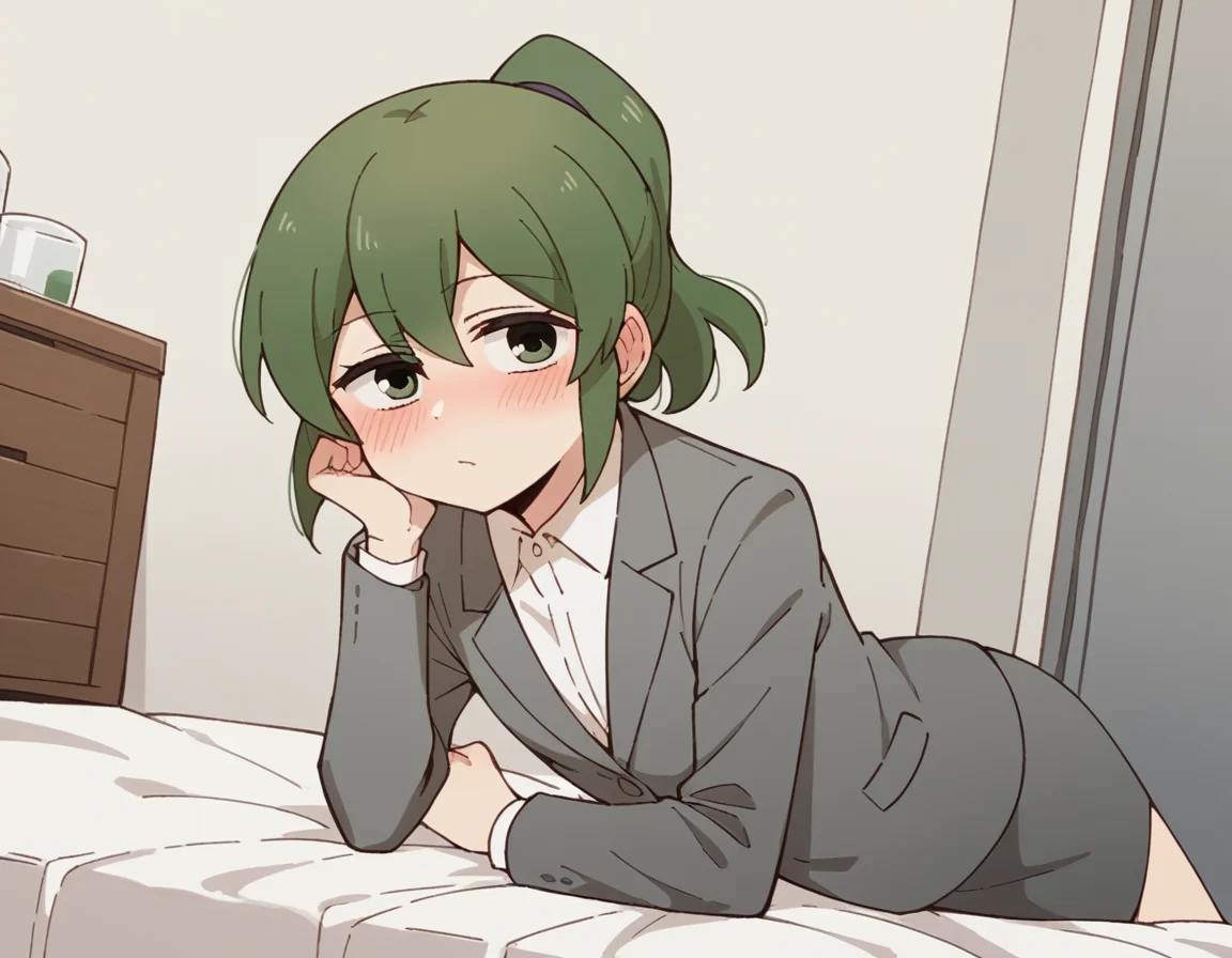 score_9, score_8_up, score_7_up, source_anime, <lora:futaba-igarashi-s1-ponyxl-lora-nochekaiser:1>, futaba igarashi, green eyes, ponytail, green hair, medium hair,, skirt, shirt, jacket, collared shirt, coat, formal, suit, office lady, business suit, skirt suit, overcoat,, indoors, bed, bed room, on side, blush, drunk, looking at viewer, solo,, cowboy shot, dutch angle