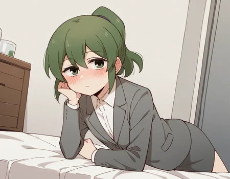 score_9, score_8_up, score_7_up, source_anime, <lora:futaba-igarashi-s1-ponyxl-lora-nochekaiser:1>, futaba igarashi, green eyes, ponytail, green hair, medium hair,, skirt, shirt, jacket, collared shirt, coat, formal, suit, office lady, business suit, skirt suit, overcoat,, indoors, bed, bed room, on side, blush, drunk, looking at viewer, solo,, cowboy shot, dutch angle