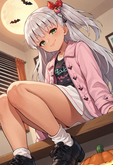 score_9, score_8_up, score_7_up, score_6_up, score_5_up, score_4_up, BREAK, smile, halloween, smug, living room, sitting, from below, 
<lora:maestralev1-000012:1>, maestralekc, one-piece tan, tanlines, grey hair, one side up, green eyes, long hair, anchor hair ornament, maestralevalentines, pink coat, white skirt, red hair ribbon, heart hair ornament, black shirt, white socks, black footwear