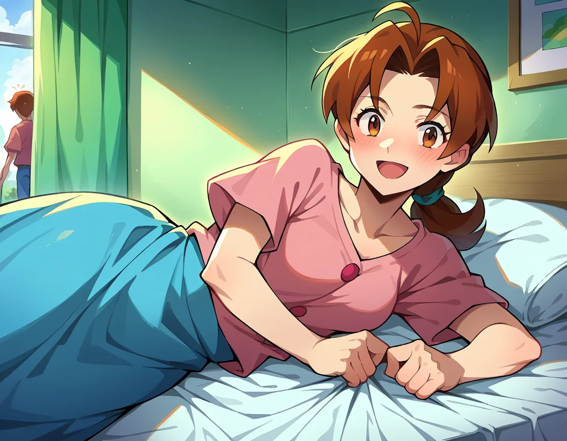 score_9, score_8_up, score_7_up, source_anime,
deliaketchum, <lora:delia-ketchum-ponyxl-lora-nochekaiser:1>
deliaketchum, brown hair, brown eyes, parted bangs, ahoge, ponytail, low ponytail,
shirt, pink shirt, short sleeves, skirt, blue skirt, long skirt,
indoors, bed, bed room, on side, blush, drunk,
looking at viewer, cowboy shot, dutch angle,